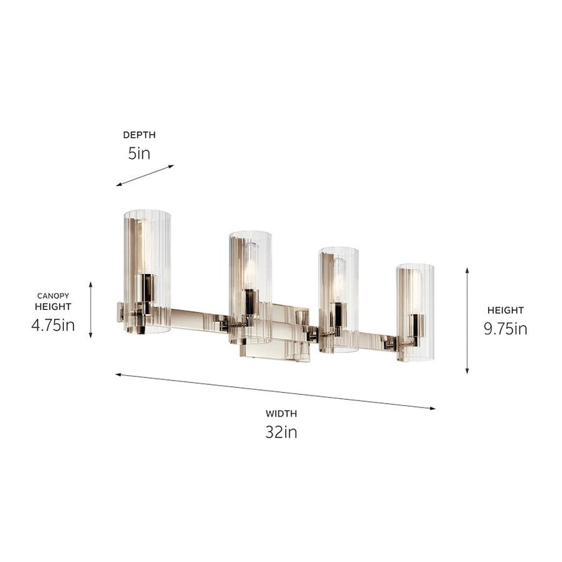 Kichler Jemsa 32in 4-Light Vanity Light | Soft Modern Polished Nickel & Clear Fluted Glass | Bathroom & Dressing Room Vanity Light | Model 55169PN