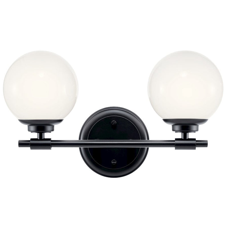Kichler Benno 14.75in 2-Light Vanity Light | Industrial Black & Opal Glass | Bathroom Vanity Light | 2x G9 5W Incandescent, Damp Rated | Model 55171BK