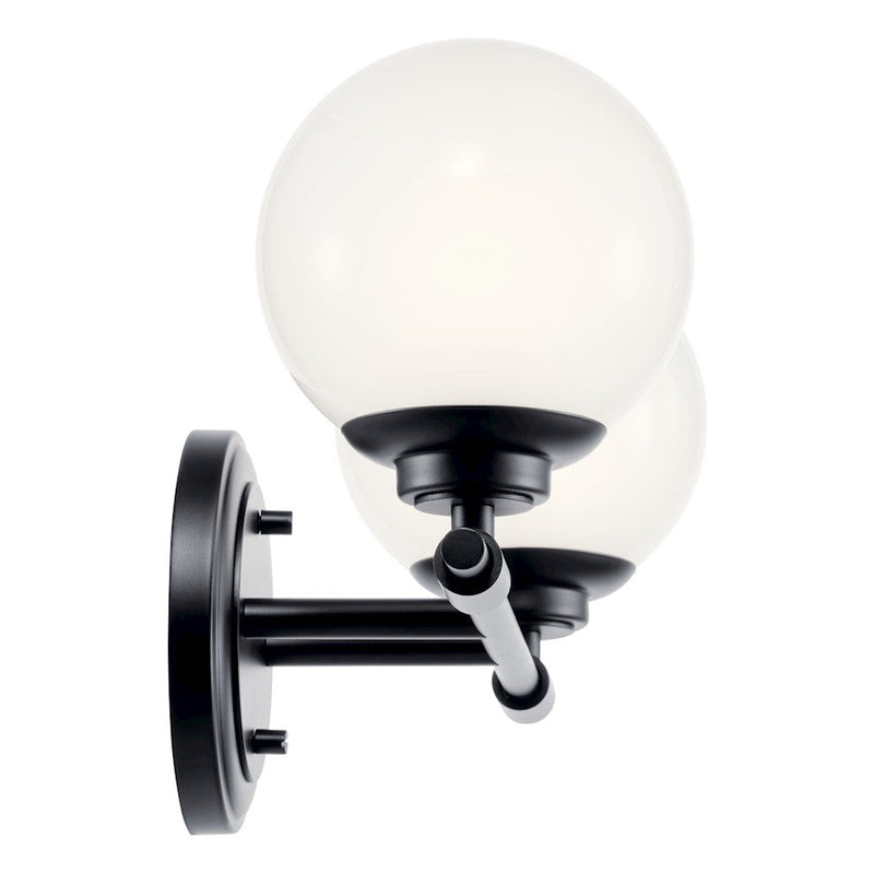 Kichler Benno 14.75in 2-Light Vanity Light | Industrial Black & Opal Glass | Bathroom Vanity Light | 2x G9 5W Incandescent, Damp Rated | Model 55171BK