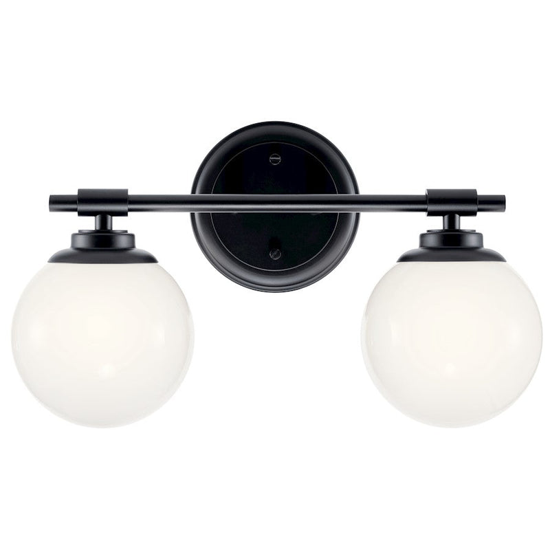Kichler Benno 14.75in 2-Light Vanity Light | Industrial Black & Opal Glass | Bathroom Vanity Light | 2x G9 5W Incandescent, Damp Rated | Model 55171BK