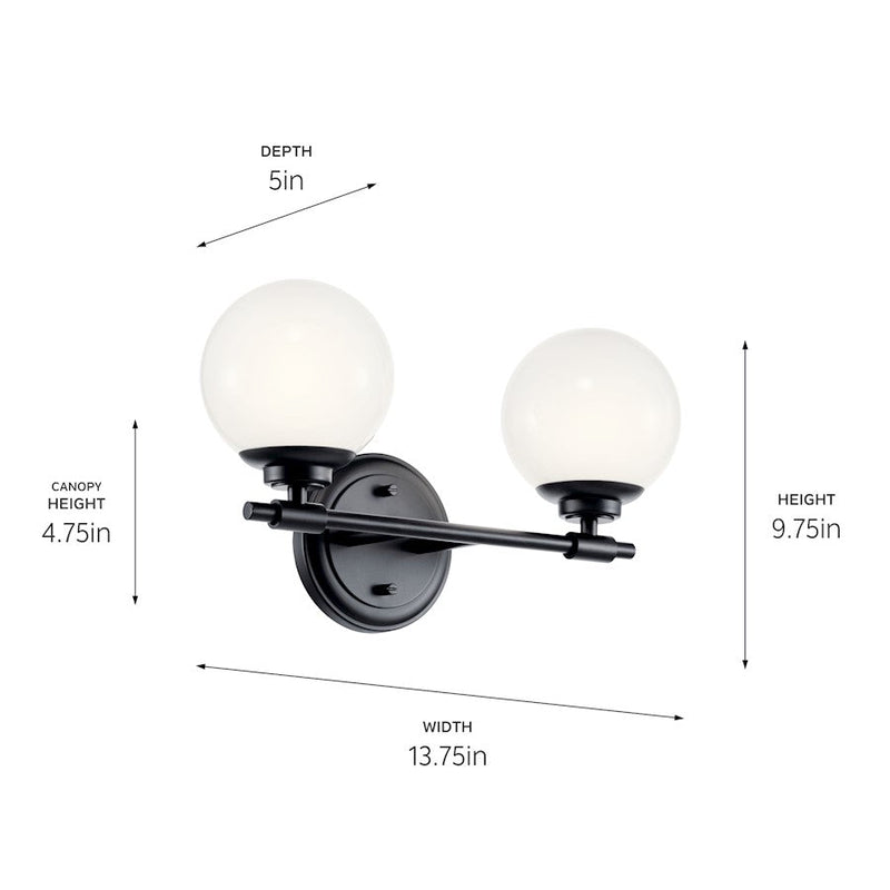 Kichler Benno 14.75in 2-Light Vanity Light | Industrial Black & Opal Glass | Bathroom Vanity Light | 2x G9 5W Incandescent, Damp Rated | Model 55171BK
