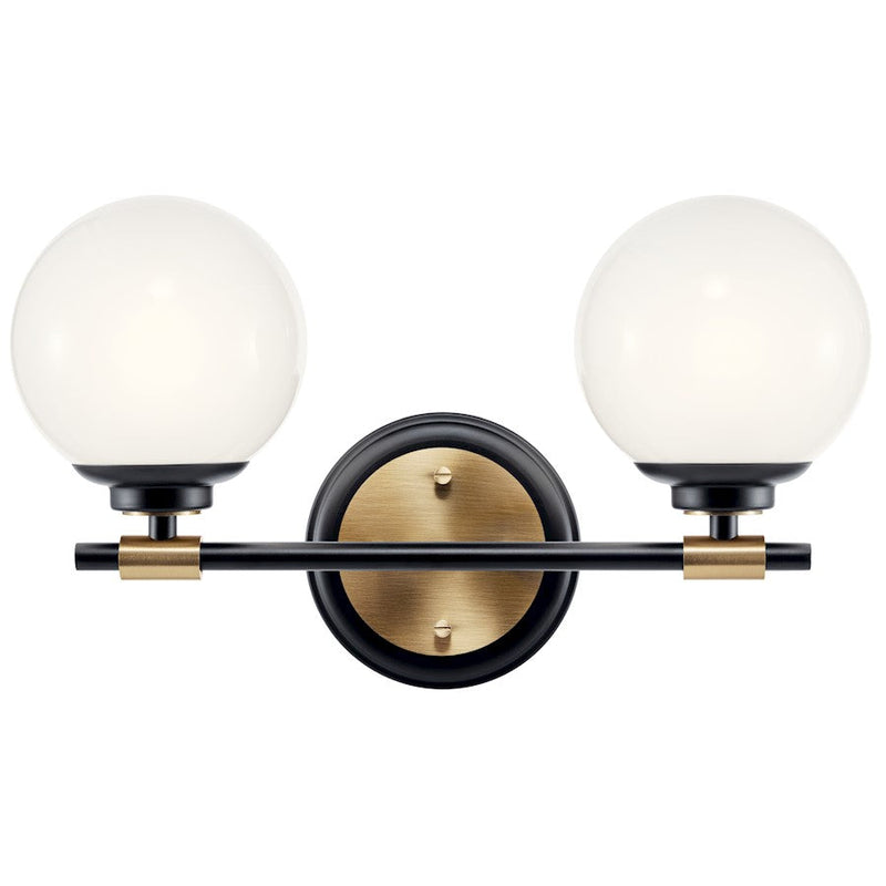 Kichler Benno 14.75in 2-Light Vanity | Industrial Black & Opal Glass | Bathroom Accent & Over-Vanity Light | 2-Bulb G9, 120V, Damp Rated | Model 55171BKCPZ