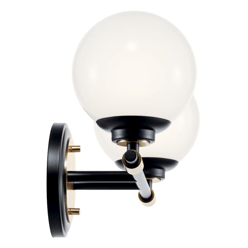 Kichler Benno 14.75in 2-Light Vanity | Industrial Black & Opal Glass | Bathroom Accent & Over-Vanity Light | 2-Bulb G9, 120V, Damp Rated | Model 55171BKCPZ