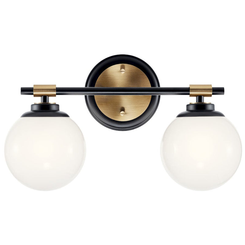 Kichler Benno 14.75in 2-Light Vanity | Industrial Black & Opal Glass | Bathroom Accent & Over-Vanity Light | 2-Bulb G9, 120V, Damp Rated | Model 55171BKCPZ