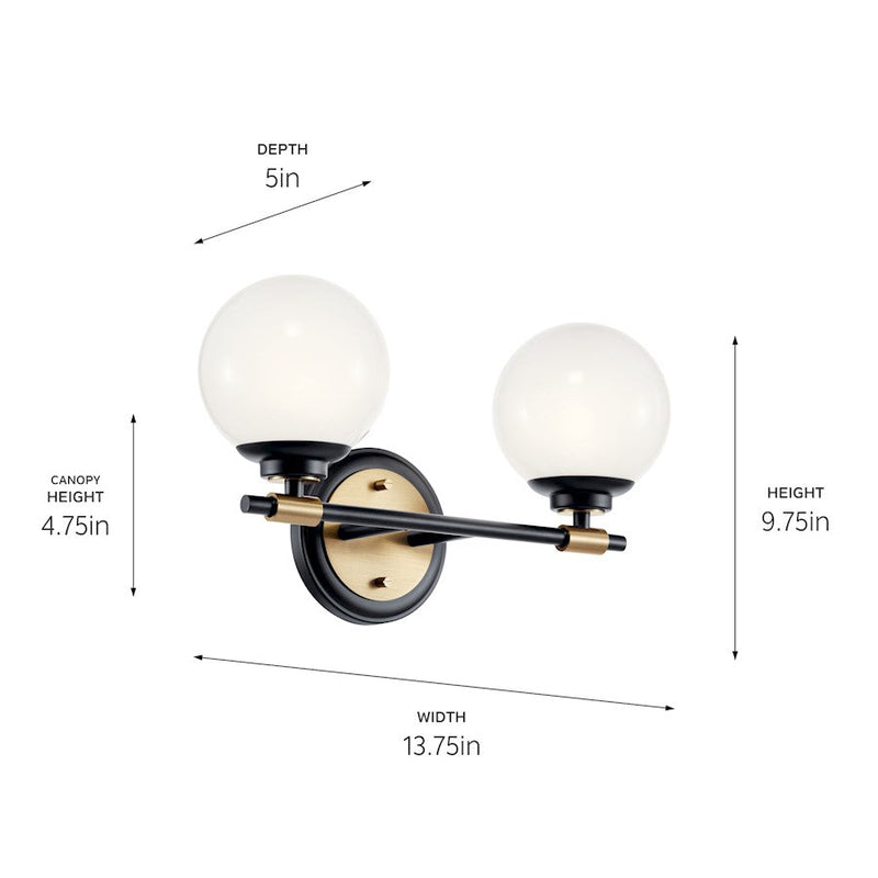 Kichler Benno 14.75in 2-Light Vanity | Industrial Black & Opal Glass | Bathroom Accent & Over-Vanity Light | 2-Bulb G9, 120V, Damp Rated | Model 55171BKCPZ