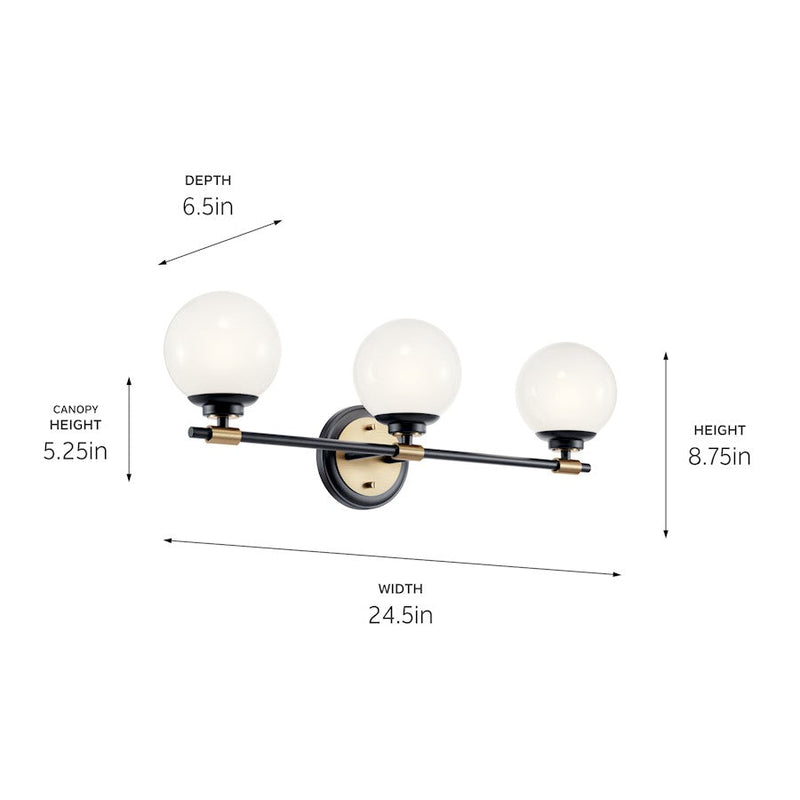 Kichler Benno 24.5in 3 Light Vanity | Industrial Black Steel & Opal Glass | Bathroom Vanity Light | 18W Max LED per Bulb, G9 Socket | Model 55172BKCPZ