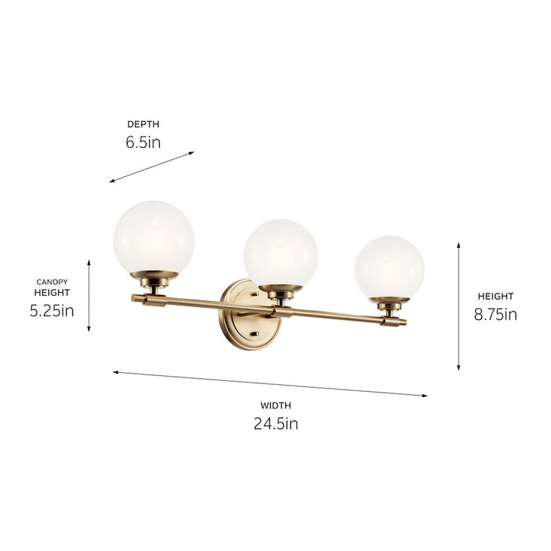 Kichler Benno 24.5in Wide 3-Light Vanity Light | Industrial Champagne Bronze Steel & Opal Glass | Bathroom Vanity & Damp-Rated Accent | Model 55172CPZ