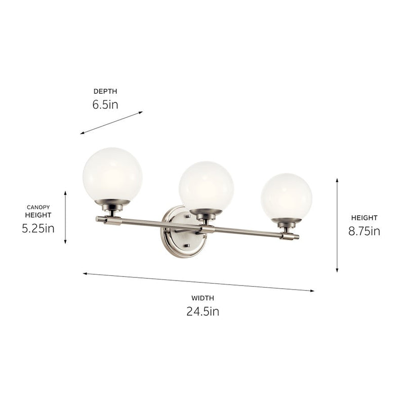 Kichler Benno 24in 3-Light Vanity Light | Industrial Polished Nickel & Opal Glass | Bathroom Vanity & Dressing Area Light | 150W Max, G9 | Model 55172PN
