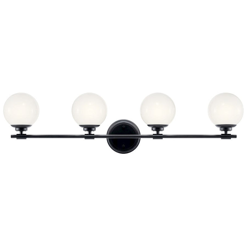 Kichler Benno 34in 4-Light Vanity Light | Industrial Black & Opal Glass | Bathroom Vanity Light | 120V, 4 x 5W G9 Bulbs, Damp | Model 55173BK