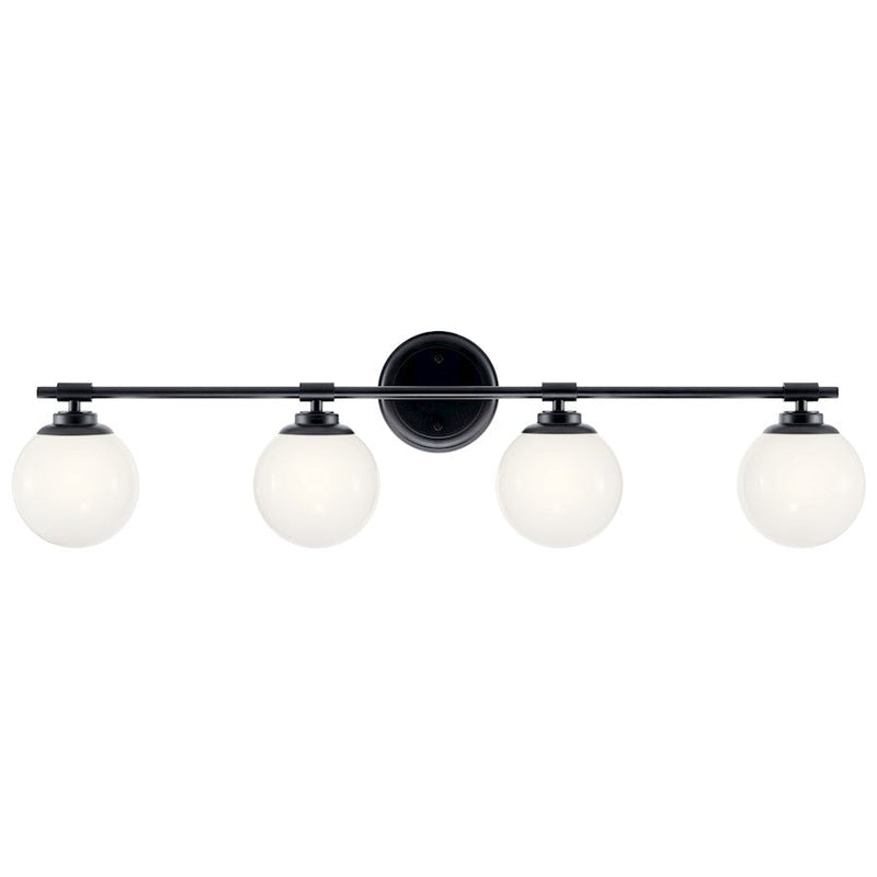 Kichler Benno 34in 4-Light Vanity Light | Industrial Black & Opal Glass | Bathroom Vanity Light | 120V, 4 x 5W G9 Bulbs, Damp | Model 55173BK