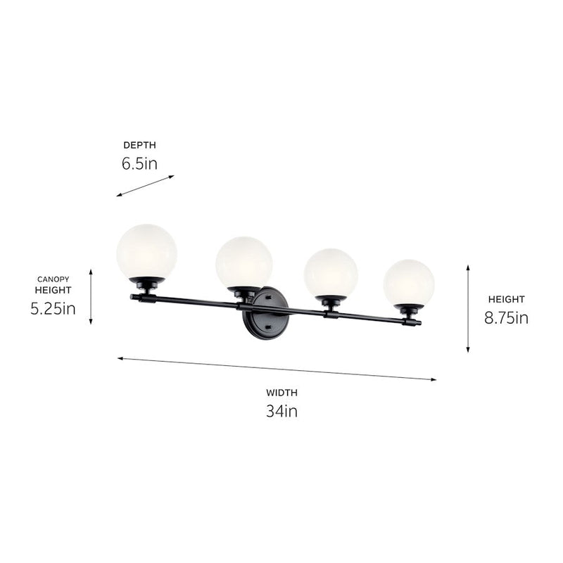 Kichler Benno 34in 4-Light Vanity Light | Industrial Black & Opal Glass | Bathroom Vanity Light | 120V, 4 x 5W G9 Bulbs, Damp | Model 55173BK