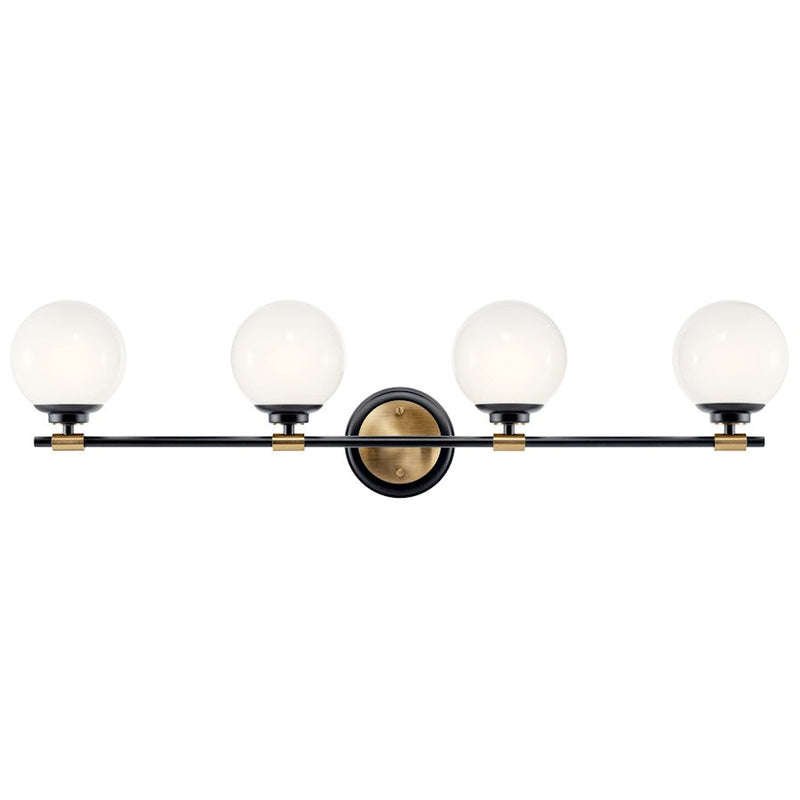Kichler Benno 34in 4-Light Vanity Light | Industrial Black Steel & Opal Glass | Bathroom Vanity Light | 60W Incandescent, G9 Base, Damp | Model 55173BKCPZ