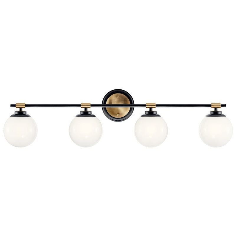 Kichler Benno 34in 4-Light Vanity Light | Industrial Black Steel & Opal Glass | Bathroom Vanity Light | 60W Incandescent, G9 Base, Damp | Model 55173BKCPZ