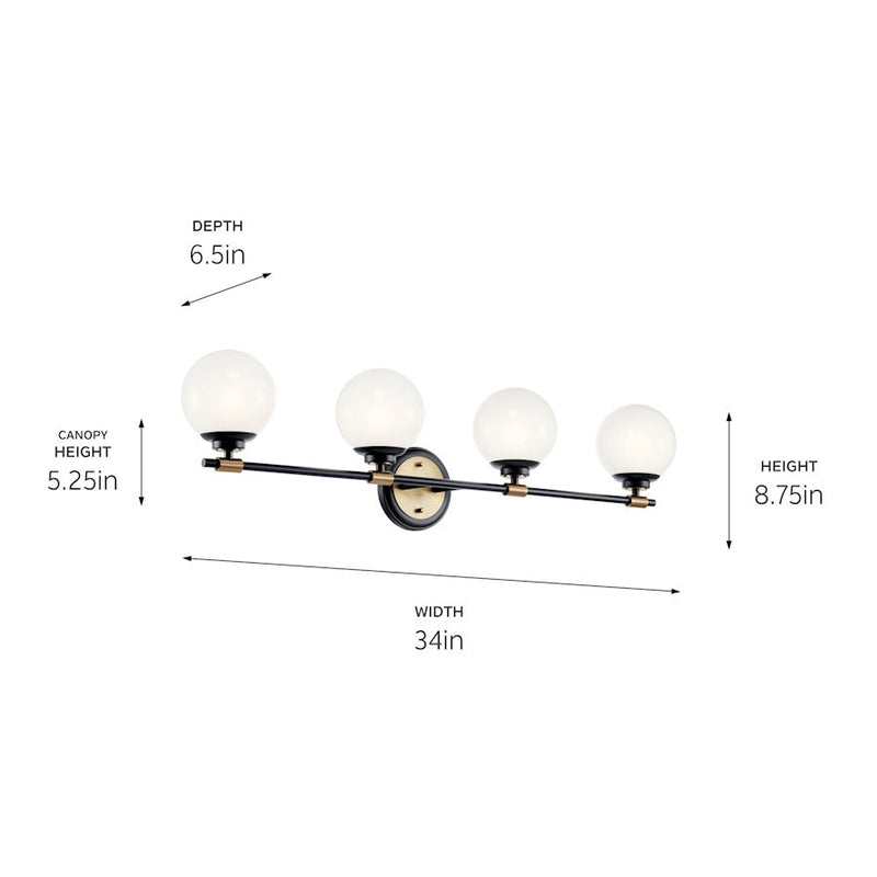 Kichler Benno 34in 4-Light Vanity Light | Industrial Black Steel & Opal Glass | Bathroom Vanity Light | 60W Incandescent, G9 Base, Damp | Model 55173BKCPZ