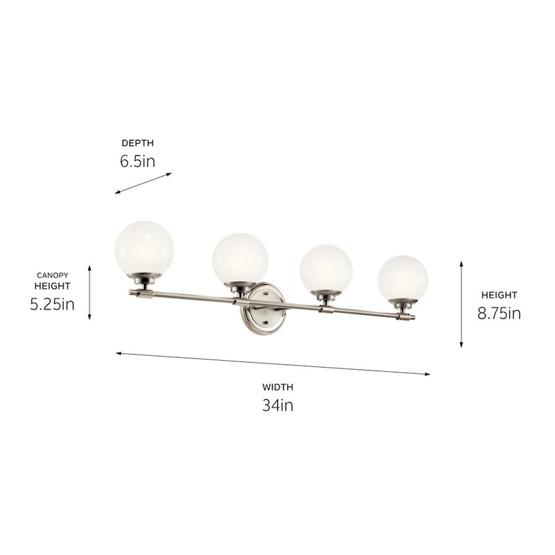 Kichler Benno 34in 4-Light Vanity | Polished Nickel Steel & Opal Glass | Bathroom Vanity Light | 4 x 40W G9, Dimmable, Damp Rated | Model 55173PN