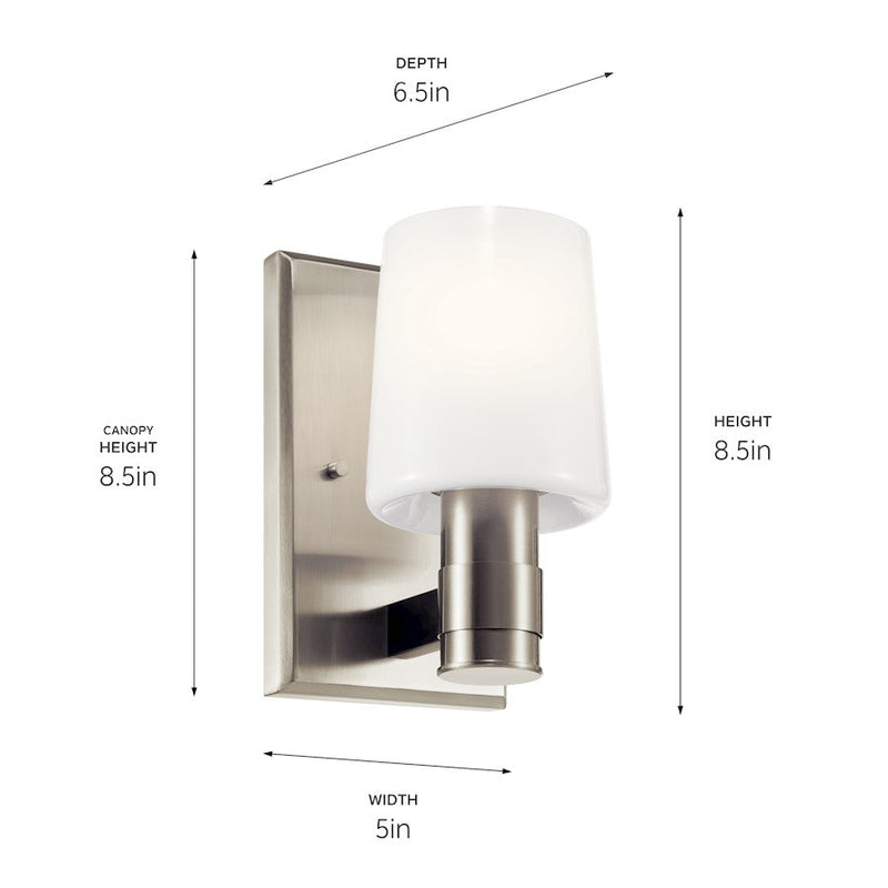 Kichler Adani 8.5in 1-Light Vanity | Brushed Nickel & Opal Glass | Bathroom Vanity & Powder Room Light | 1x60W Incandescent, Damp Rated | Model 55174NI