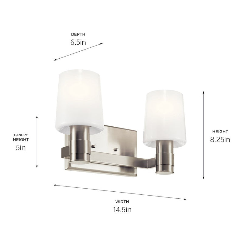 Kichler Adani 14.5in 2-Light Vanity Light | Modern Brushed Nickel & Opal Glass | Bathroom & Powder Room Lighting | 14.5in W x 8.25in H | Model 55175NI