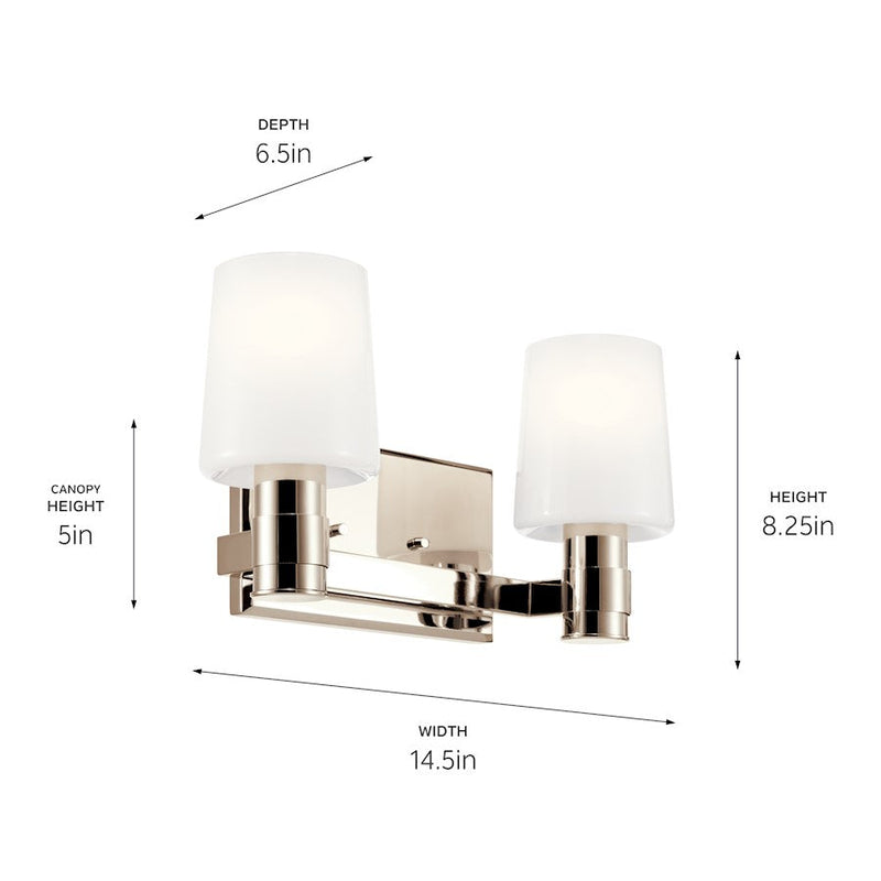 Kichler Adani 14.5in 2-Light Vanity Light | Soft Modern Polished Nickel & Opal Glass | Bathroom & Powder Room Vanity | (2) 60W E26 | Model 55175PN