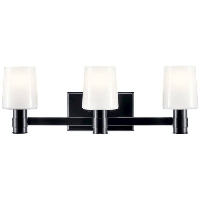 Kichler Adani 24in 3-Light Vanity Light | Modern Geometric Black & Opal Glass | Bathroom Vanity & Powder Room | 60W Max per Socket, Damp | Model 55176BK