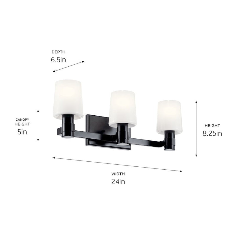 Kichler Adani 24in 3-Light Vanity Light | Modern Geometric Black & Opal Glass | Bathroom Vanity & Powder Room | 60W Max per Socket, Damp | Model 55176BK