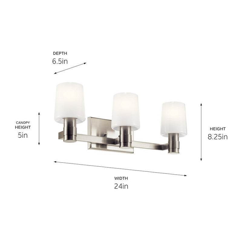 Kichler Adani 24in 3-Light Vanity Light | Soft Modern Brushed Nickel & Opal Glass | Bathroom & Powder Room Vanity Light | 3 x 60W Max, E26 | Model 55176NI