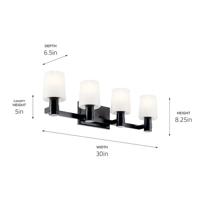 Kichler Adani 30in 4-Light Vanity Light | Black Steel & Opal Glass | Bathroom Vanity Light | 60W Incandescent, Damp Rated | Model 55177BK