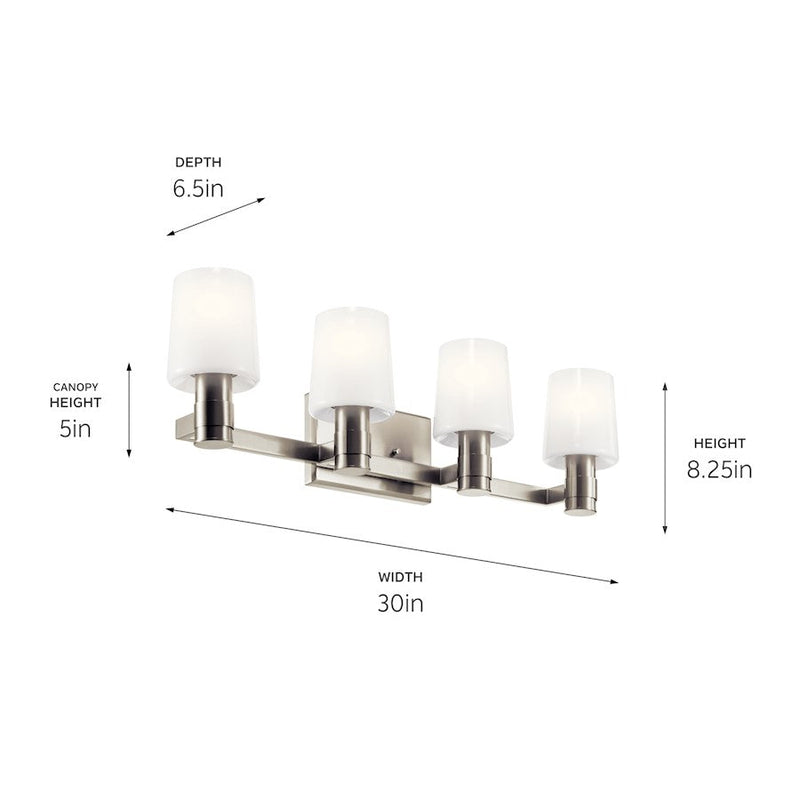 Kichler Adani 30in 4-Light Vanity Light | Brushed Nickel & Opal Glass | Bathroom Vanity Light | 4 x 60W E26, Damp Rated | Model 55177NI
