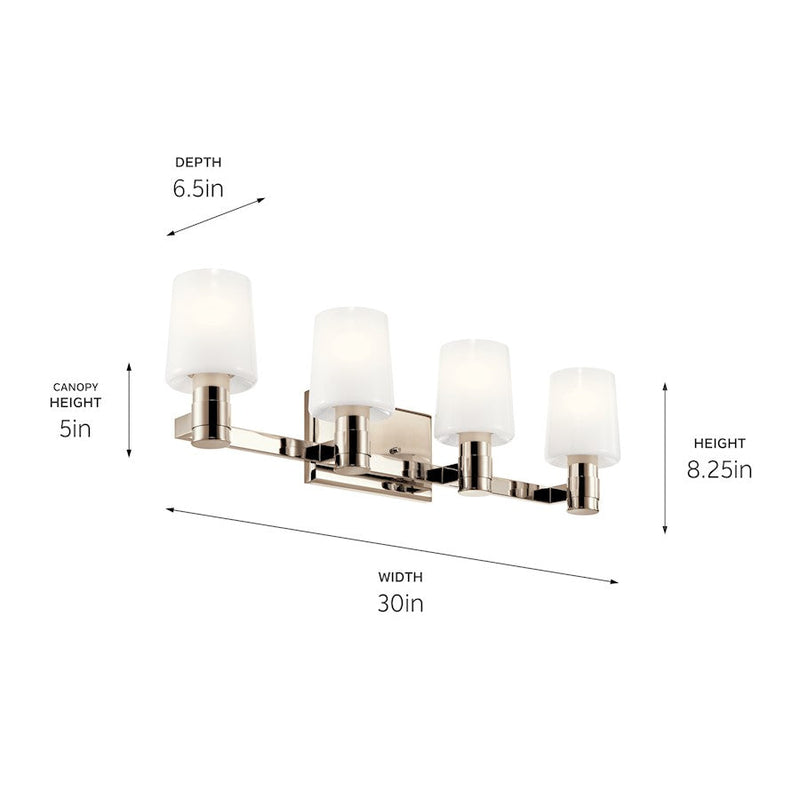 Kichler Adani 30in 4-Light Vanity Light | Polished Nickel & Opal Glass | Bathroom Vanity Light | Damp Rated, 120V, 4 x 60W Max | Model 55177PN
