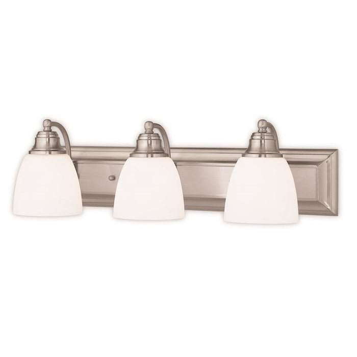 Livex Springfield 3 Light Bath Vanity, Nickel/Satin Opal White - 10503-91