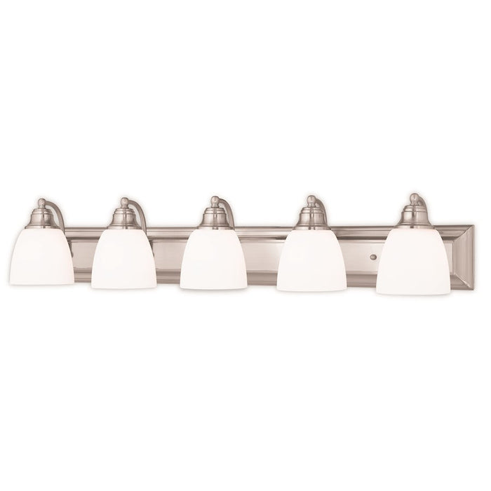 Livex Springfield 5 Light Bath Vanity, Nickel/Satin Opal White - 10505-91