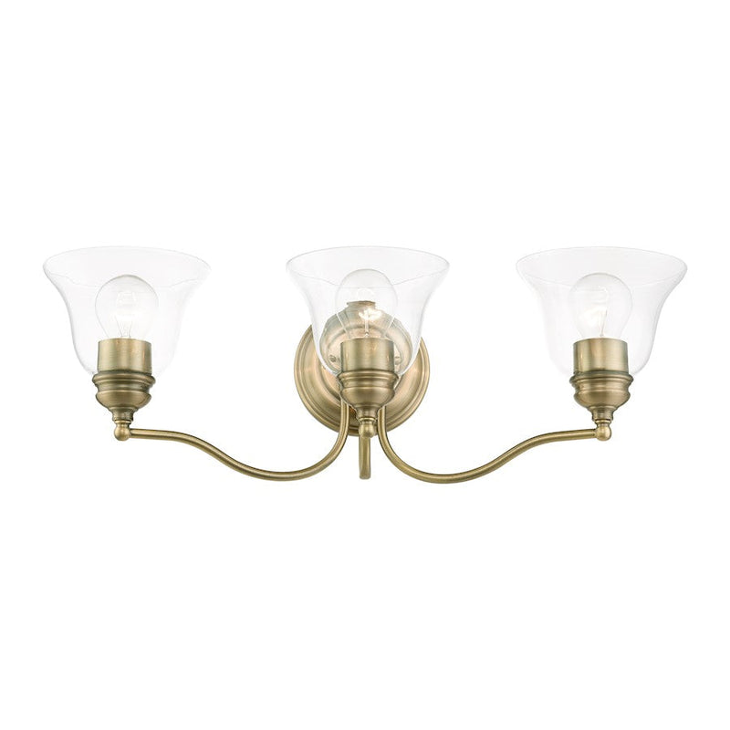 Livex Moreland 3 Light Vanity Sconce, Antique Brass/Clear