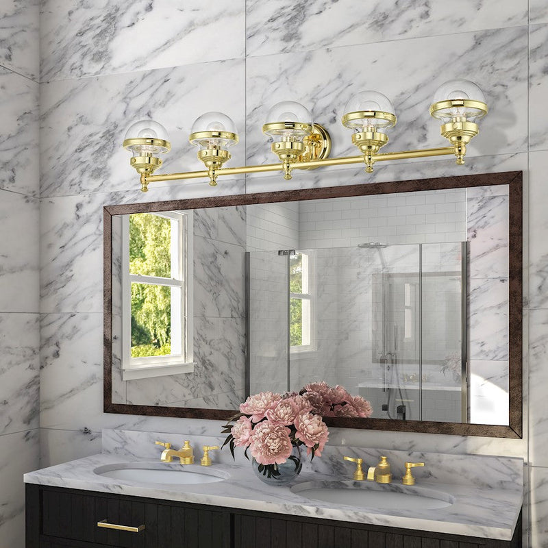 Livex Oldwick 5 Light Large Vanity Sconce, Polished Brass/Clear