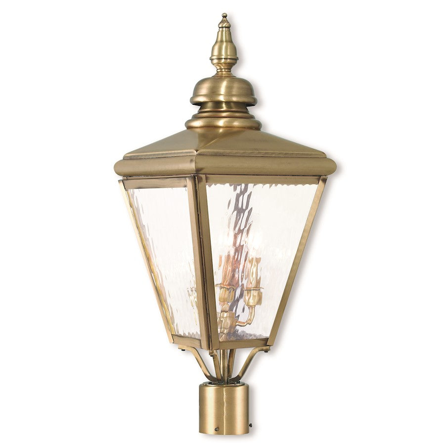 Livex Cambridge 3 Light Outdoor Post Top Lantern, Brass/Clear Water - 20433-01