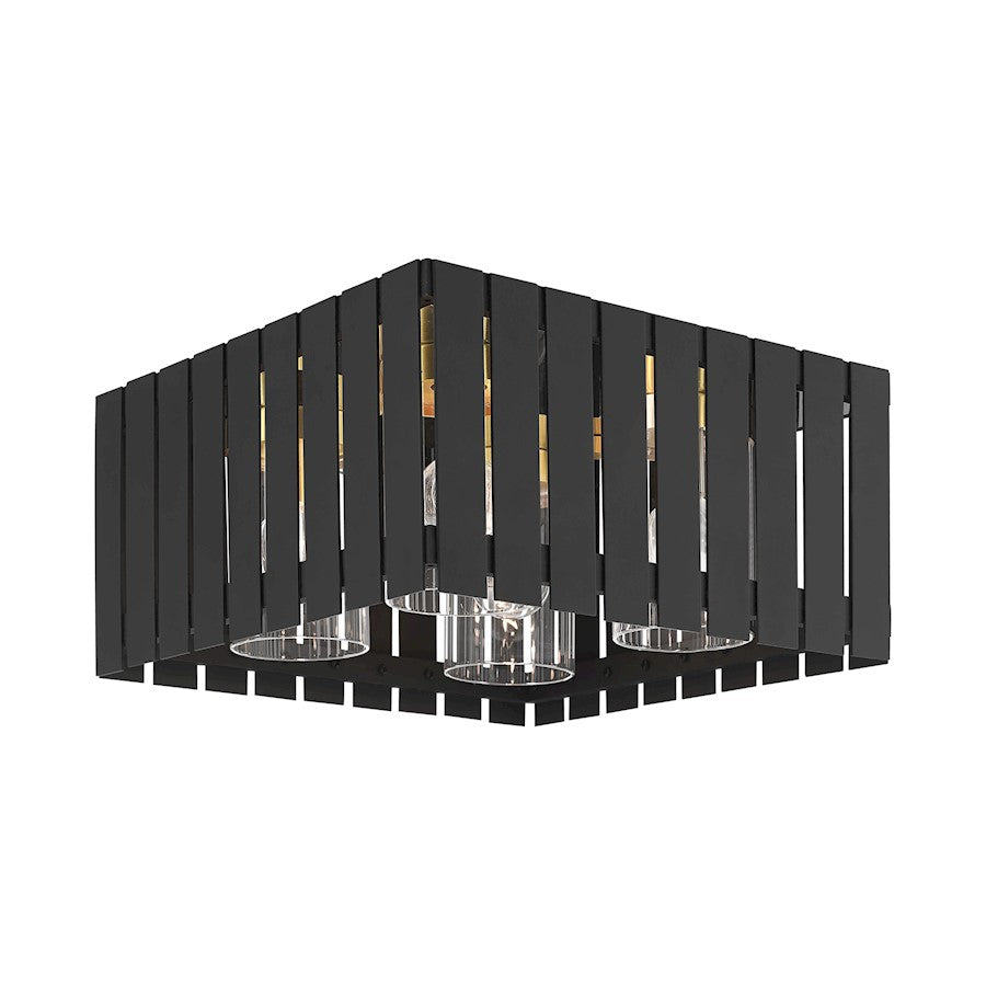 Livex Greenwich 4 Light Outdoor Flush Mount, Black/Satin Brass/Clear - 20754-04