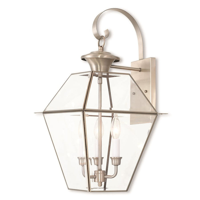 Livex Westover 3 Light Outdoor Wall Lantern, Nickel/Clear Beveled - 2381-91