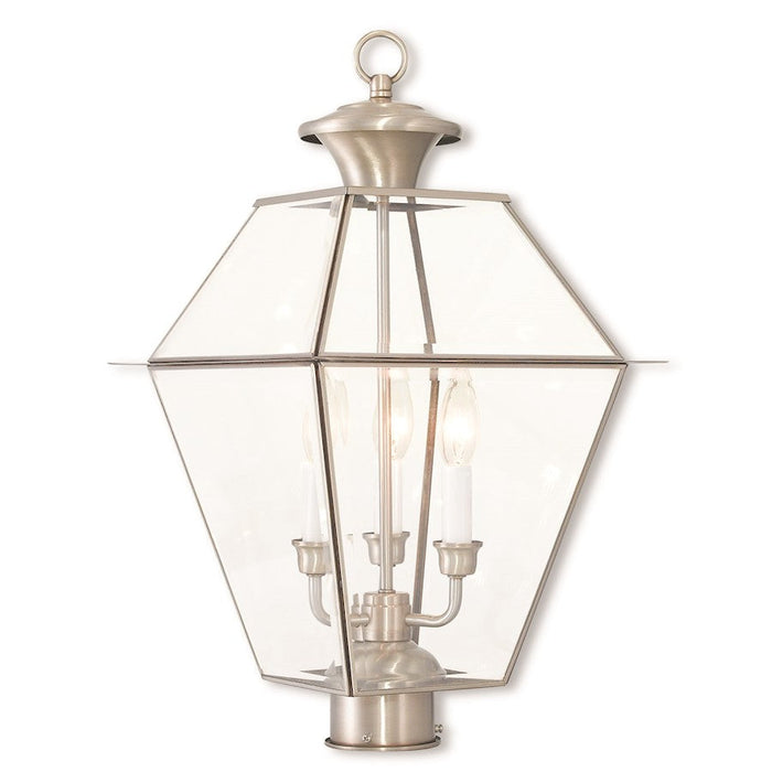 Livex Westover 3 Light Outdoor Post Top Lantern, Nickel/Clear Beveled - 2384-91