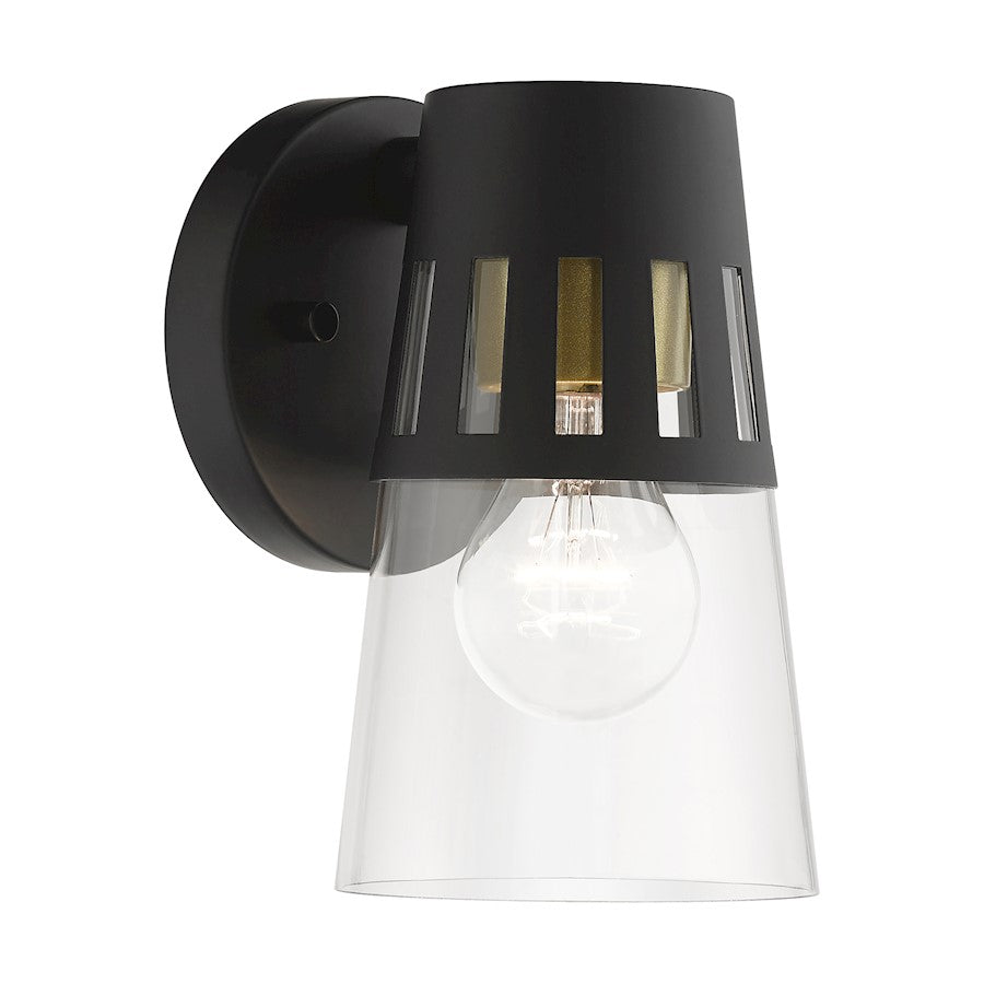 Livex Covington 1 Lt Outdoor Small Wall Lantern, Black/Gold/Clear - 27971-04