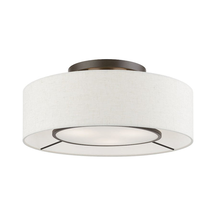 Livex Ellsworth 3 Light Semi-Flush, Nickel/White/Oatmeal/White Fabric - 40143-92