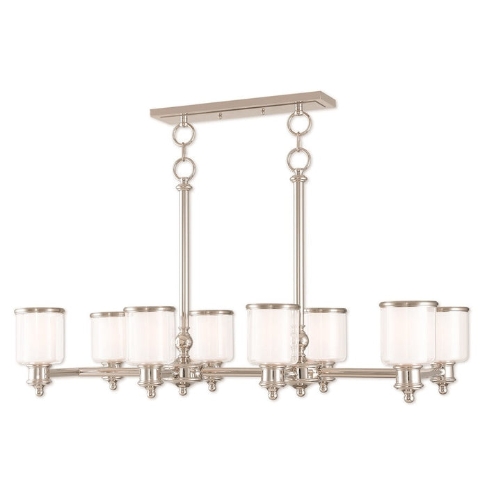 Livex Middlebush 8 Light Linear Chandelier, P Nickel/Clear/Opal - 40208-35