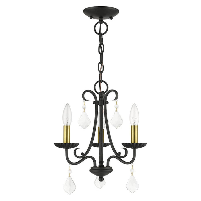 Livex Daphne 3 Light Mini Chandelier, Black/Brass/Clear Crystals