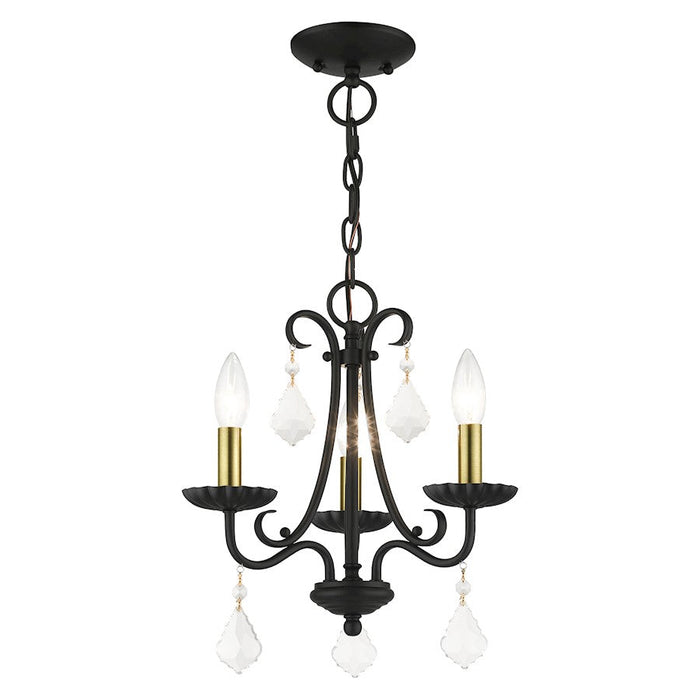 Livex Daphne 3 Light Mini Chandelier, Black/Brass/Clear Crystals