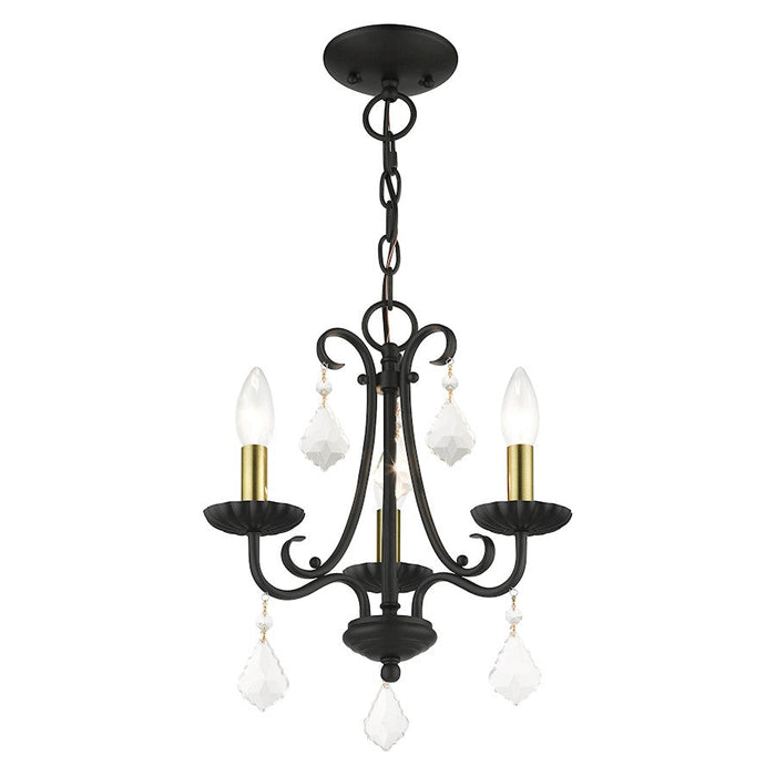 Livex Daphne 3 Light Mini Chandelier, Black/Brass/Clear Crystals