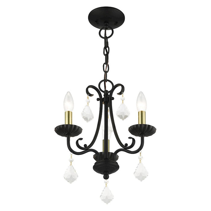 Livex Daphne 3 Light Mini Chandelier, Black/Brass/Clear Crystals