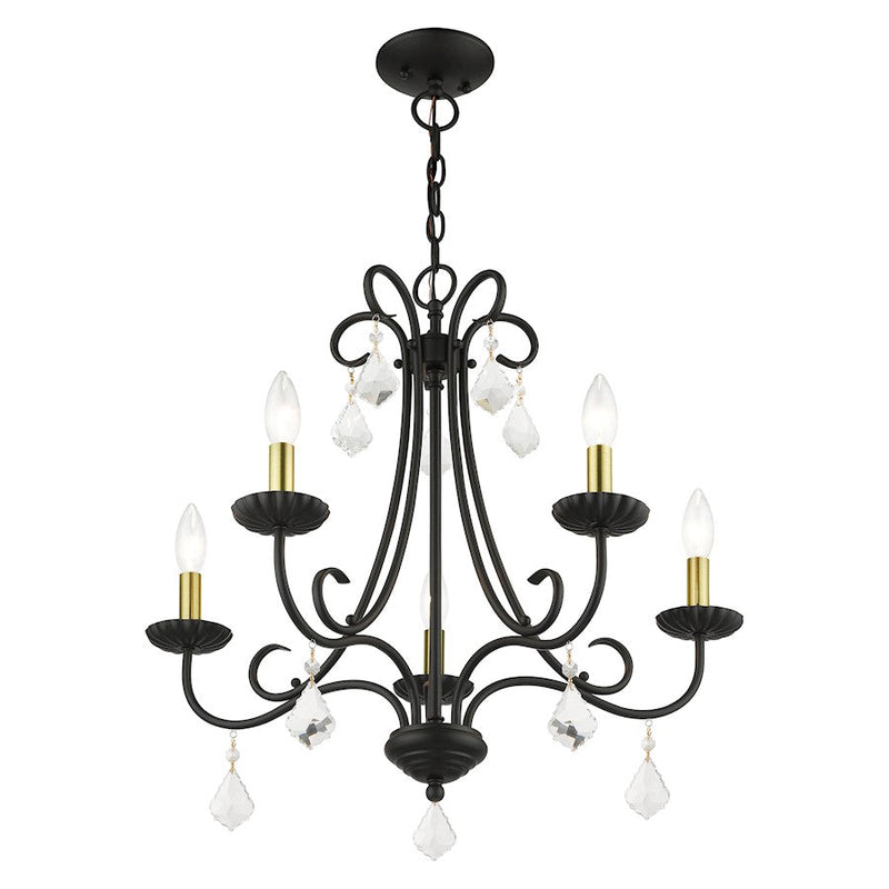 Livex Daphne 5 Light Chandelier, Black/Antique Brass/Clear Crystals