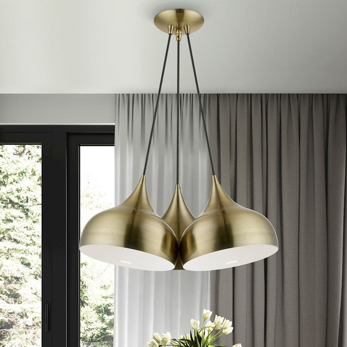 Livex Amador 3 Light Cluster Pendant, Brass/Brass/White Inside