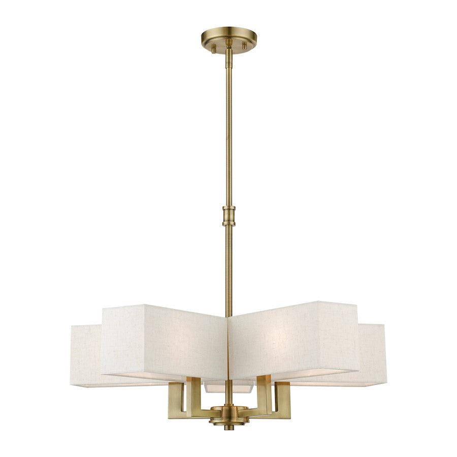 Livex Rubix 5 Light Chandelier, Antique Brass/Oatmeal/White Fabric - 42665-01