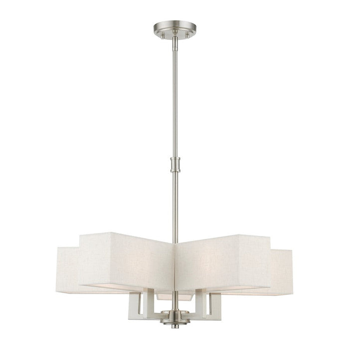 Livex Rubix 5 Light Chandelier, Nickel/Oatmeal Fabric/White Fabric - 42665-91