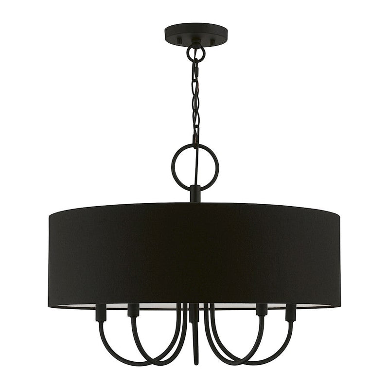 Livex Birchwood 5 Light Pendant Chandelier, Black/White Fabric Inside - 43445-04