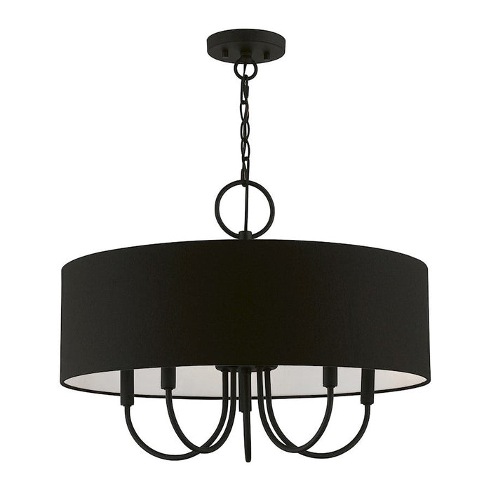 Livex Birchwood 5 Light Pendant Chandelier, Black/White Fabric Inside