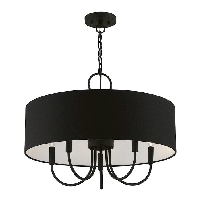 Livex Birchwood 5 Light Pendant Chandelier, Black/White Fabric Inside